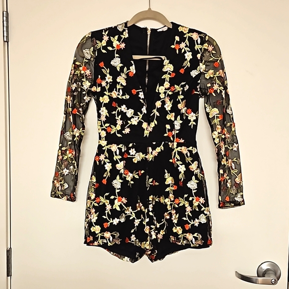 a'gaci Pants - A'GACI Floral embroidered black mesh lace up long sleeve romper zip back S